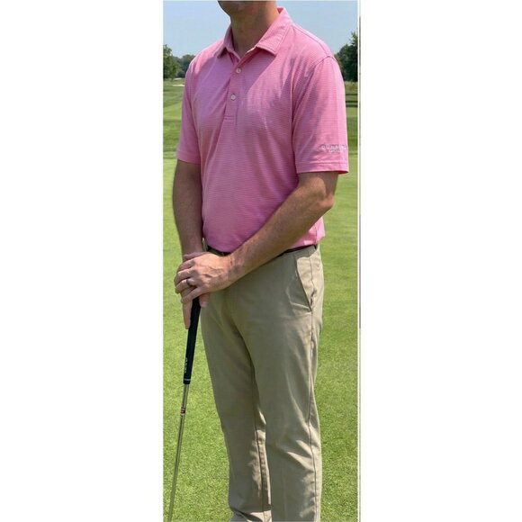 Dunning Golf Polo Shirt Men’s Small Coral Pink Stripe Stretch Performance - Picture 1 of 9